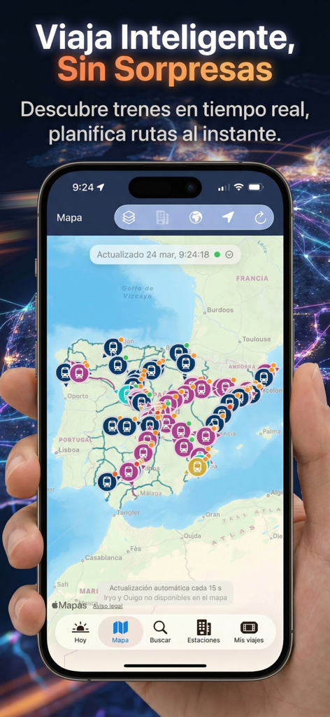 Spain Trains Live Map & Travel - iPhone affichant une carte en temps réel du trafic ferroviaire à travers l'Espagne