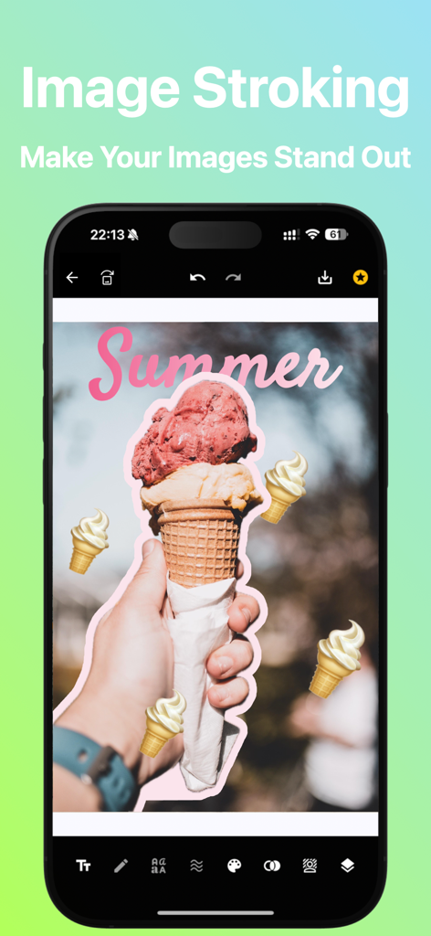 Background Text-AI Text Editor - Ein Screenshot, der die Bildkonturen-Funktion in der Hintergrund Text KI-App mit einer rosa Umrandung um eine Eistüte zeigt.