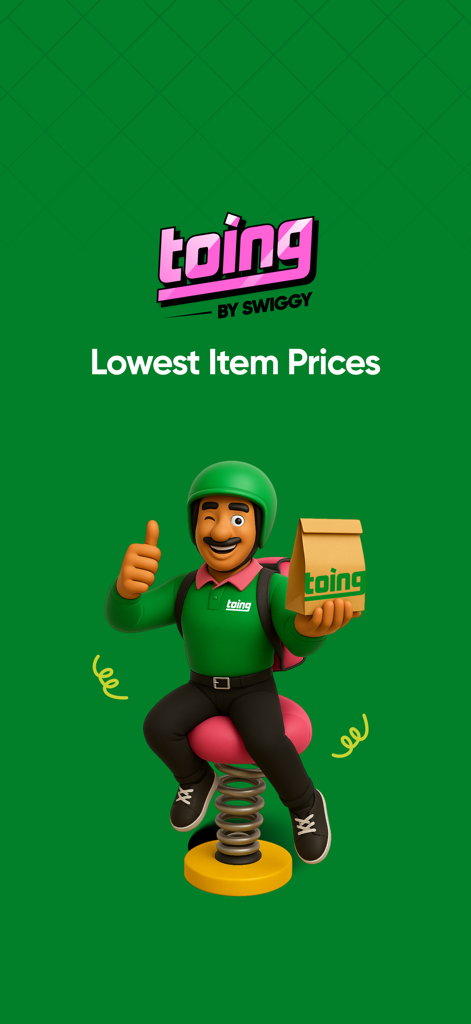 toing by Swiggy food delivery app splash screen with mascot and lowest item prices text