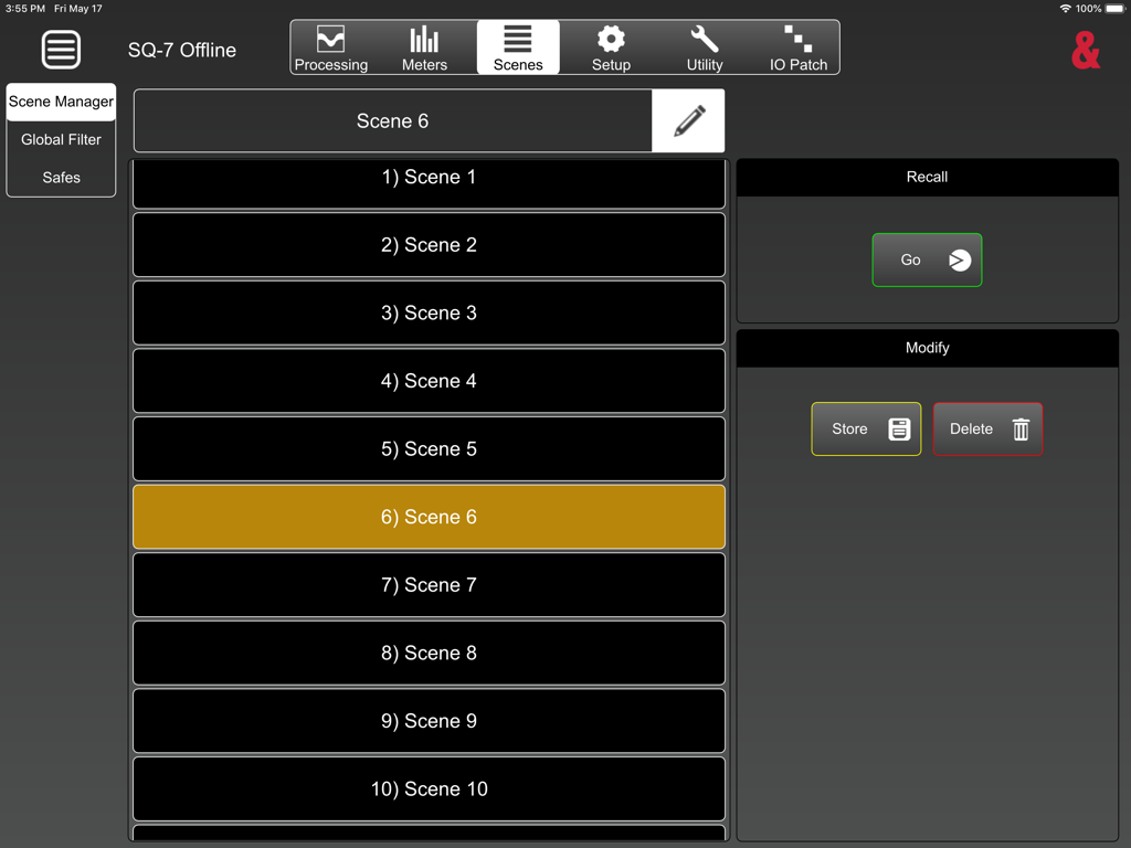 SQ MixPad - SQ MixPad app scene manager interface showing a list of scenes in offline mode for an SQ-7 console