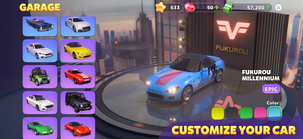 Sunday City Life Simulator garage screen with an epic blue sports car and vehicle customization options