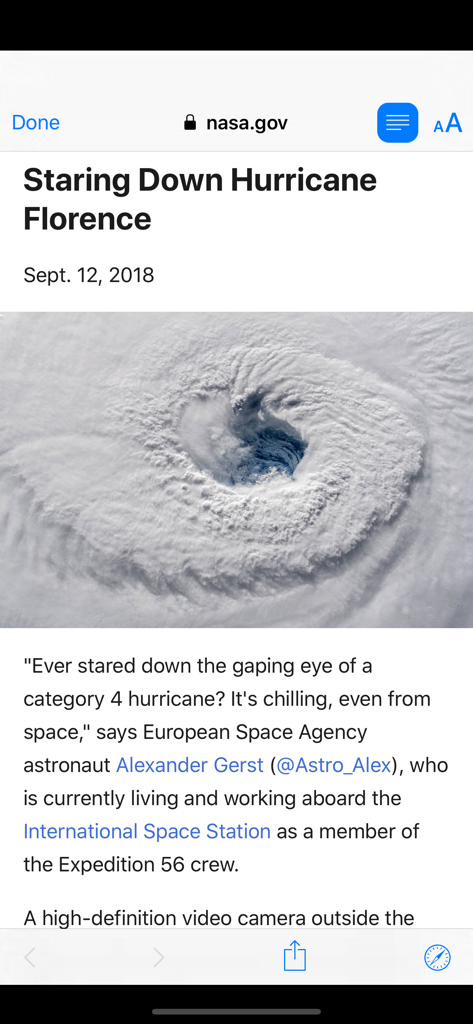 Science Now - NASA satellite imagery of Hurricane Florence eye viewed in the Science Now app.