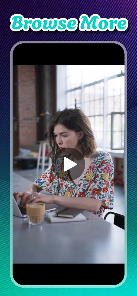 A young woman working on a laptop in a bright cafe within a video feed
