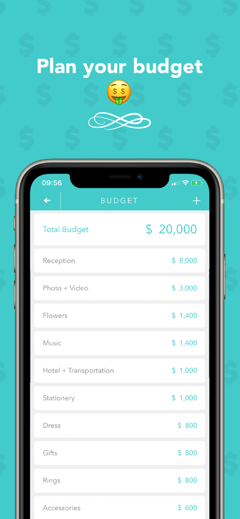 Wedding Planner ‎ - Wedding Plannerアプリの予算追跡画面。総予算と経費カテゴリーが表示されています。