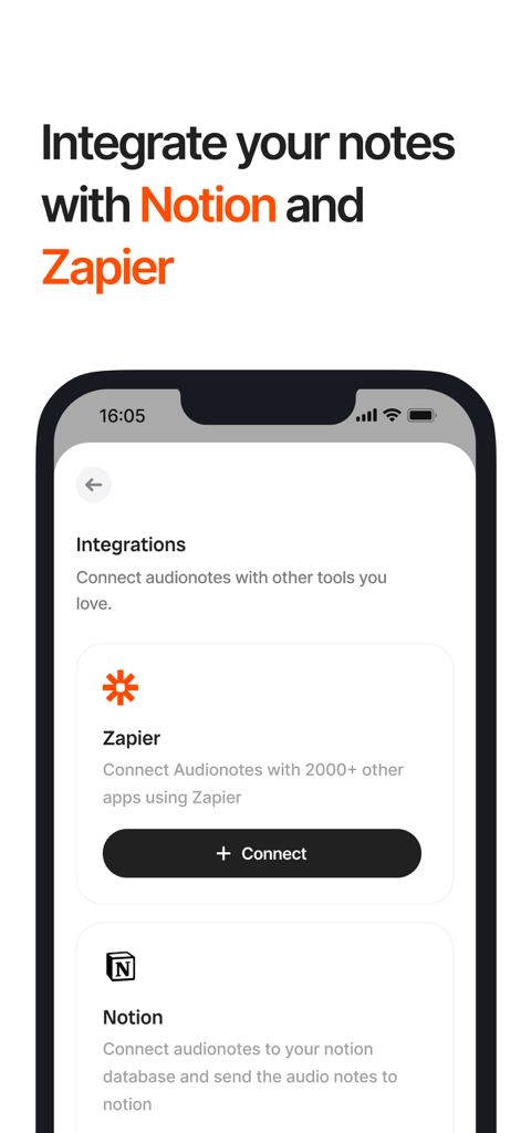Audionotes: Audio Notes AI - Tela de integrações do aplicativo Audionotes mostrando opções de conexão com Notion e Zapier.
