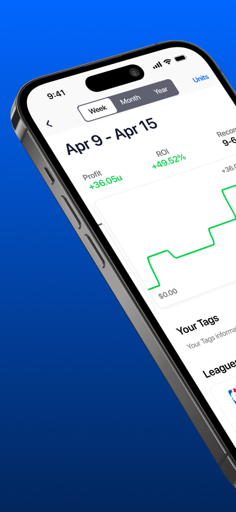 Weekly sports betting performance graph on Pikkit app showing profit and ROI metrics