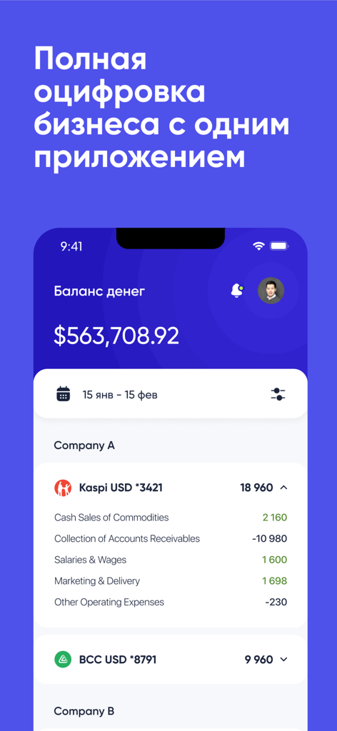 MetaBI - Interfaz de la aplicación MetaBI que muestra el balance del negocio y el desglose detallado de gastos financieros