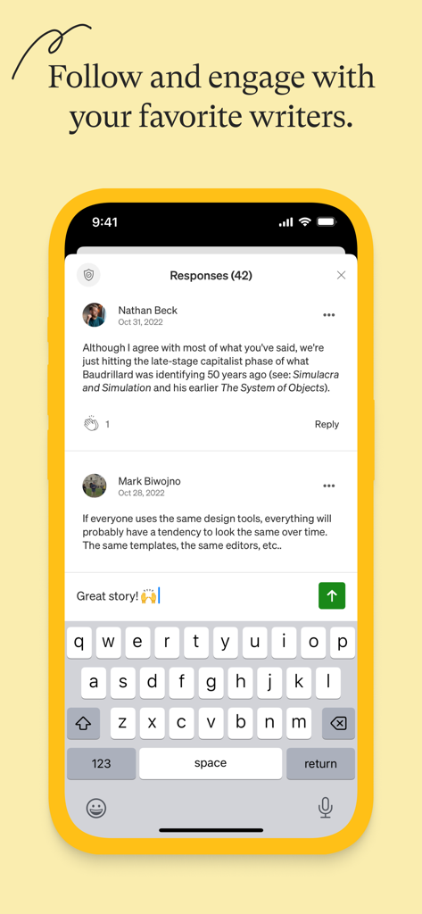 A mobile phone showing the Medium app response section where readers interact with writers.