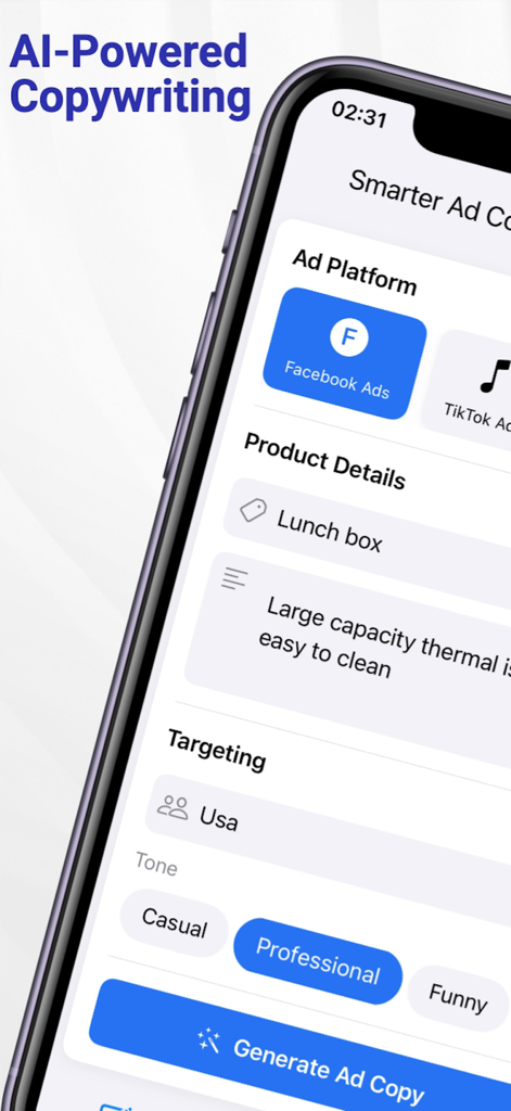 Mobile App-Oberfläche für Ad Copy AI, die die Auswahl der Anzeigenplattform und die Targeting-Optionen anzeigt