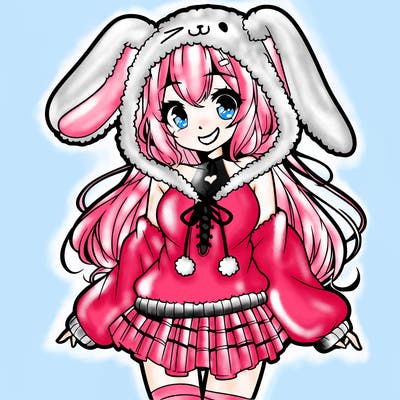 pretty anime girl wearing a fluffy hoodie with bunny ears on the hood and a skirt