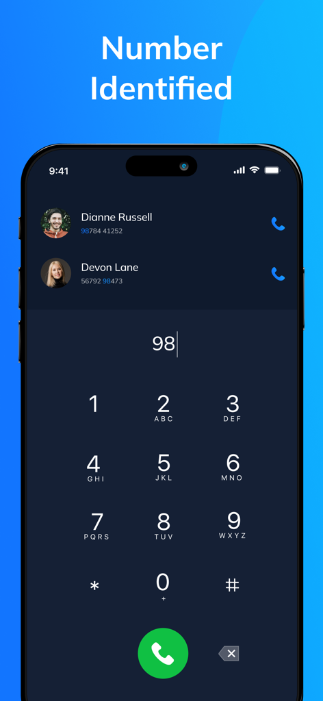 Smart phone dialer screen displaying identified contact names and a numeric keypad for calling