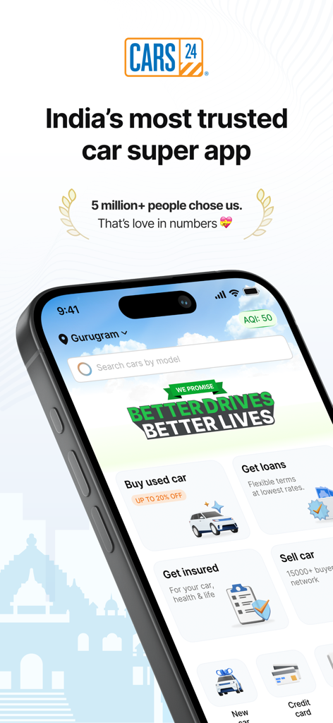 CARS24 mobile app home screen showing services for buying, selling, financing, and insuring used cars.