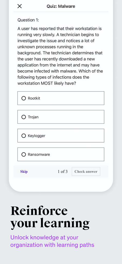 Udemy Business - Bildschirm der Udemy Business App, der eine Multiple-Choice-Quiz zu Malware zur Verstärkung beruflicher Fähigkeiten anzeigt.