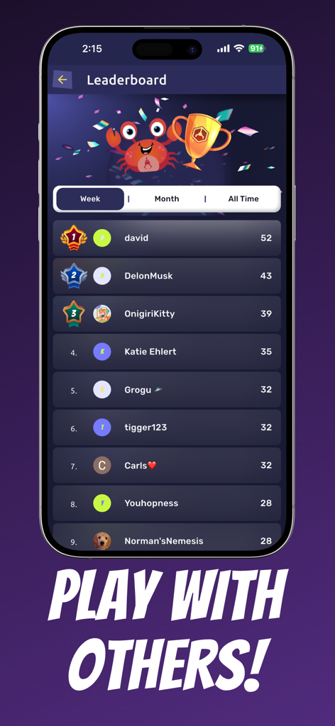 ClawCrazy - Claw Machine Games - A mobile screen showing the ClawCrazy leaderboard with top player rankings and a celebratory cartoon crab.