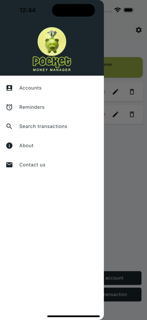 Pocket Money Manager - Side navigation menu of the Pocket Money Manager app showing options for accounts and reminders