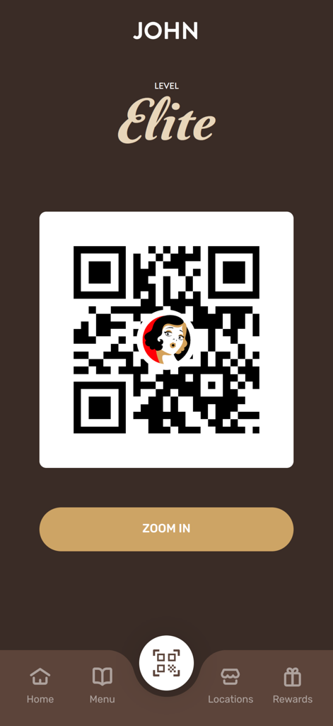 Mondieu - Mondieu mobile app screen showing a user QR code for loyalty rewards and Elite membership status level