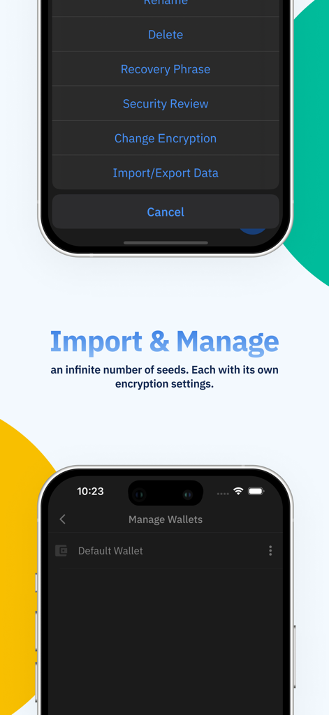 Pantalla de la aplicación Coinomi Wallet que muestra opciones para importar y gestionar múltiples semillas con configuraciones de cifrado personalizadas