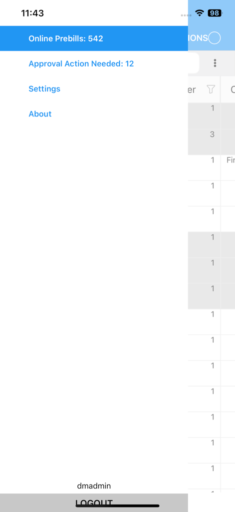 PrebillViewer - The side navigation menu of the PrebillViewer mobile app displaying options for Online Prebills and Approval Action Needed.