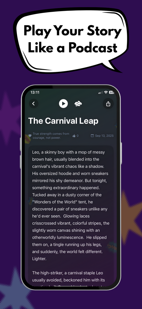 Comic Book Maker - iCartoon - Interface of the iCartoon app showing the story podcast player feature for listening to AI generated comic narratives
