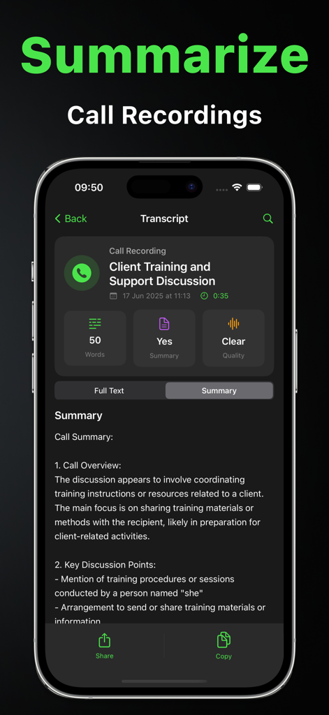 Call Recorder: Phone Audio Rec - Una interfaz de aplicación móvil que muestra un resumen y transcripción generados por IA de una llamada telefónica comercial grabada