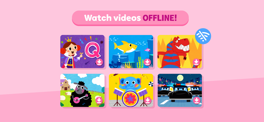 Vista previa de varias canciones y animaciones educativas para niños disponibles para ver sin conexión en la aplicación Baby Shark