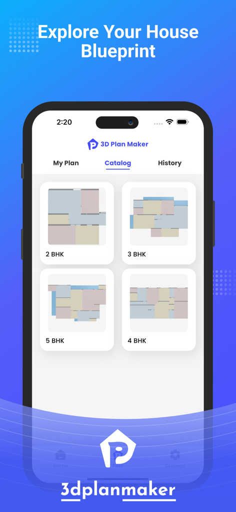 3DS PlanMaker, AI Arch design - Mobile App-Oberfläche von 3DS PlanMaker, die einen Katalog von Hausplänen und Grundrissvorlagen für verschiedene Raumkonfigurationen zeigt.