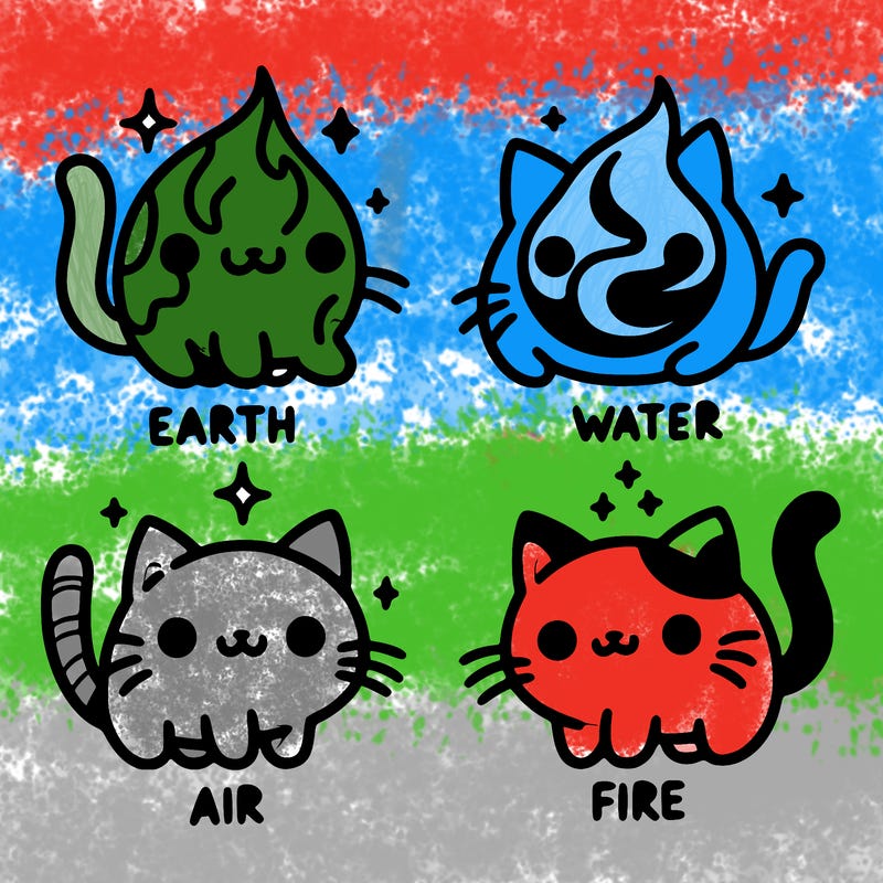 4 cats that represent the different elements, earth, water, air, and fire