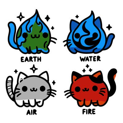 4 cats that represent the different elements, earth, water, air, and fire