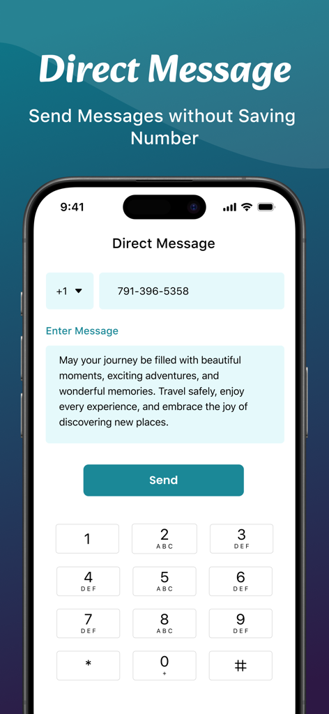 Pantalla de Mensaje Directo que permite a los usuarios enviar mensajes sin guardar números de teléfono