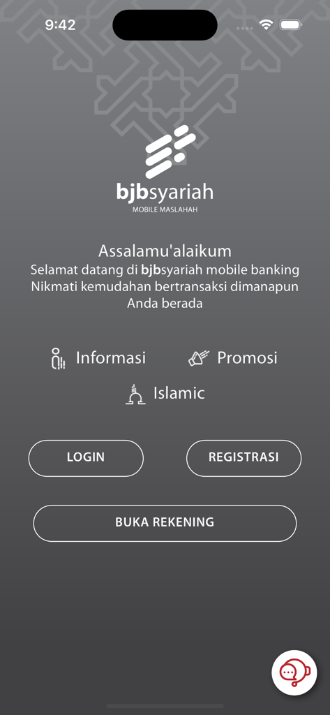Mobile Maslahah by bjb syariah - Startbildschirm der Mobile Maslahah by bjb syariah Banking App mit Anmelde- und Registrierungsoptionen