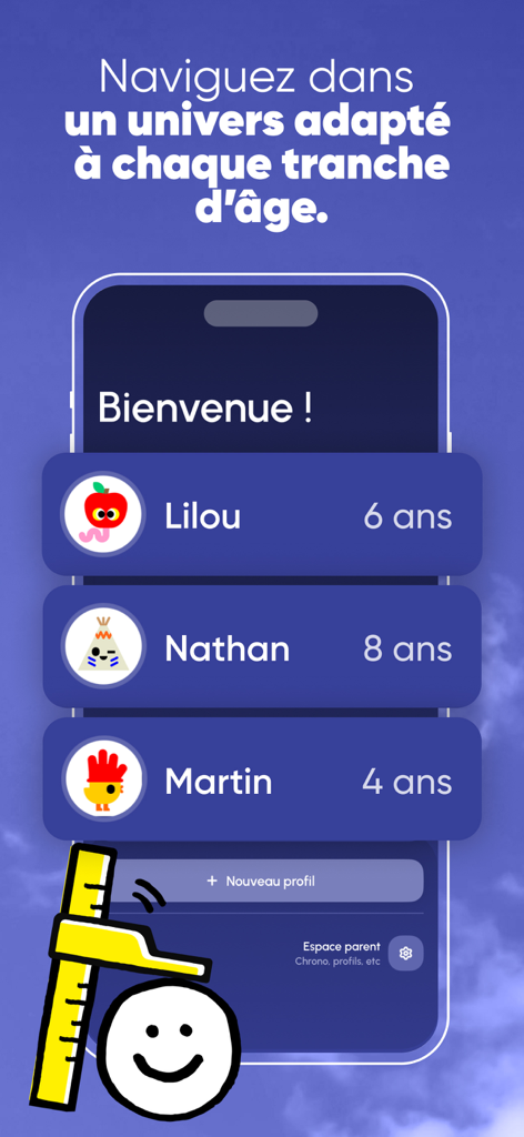 BayaM : Podcasts, jeux & films - Écran de sélection de profil de l'application BayaM montrant différents comptes d'enfants avec leurs âges respectifs