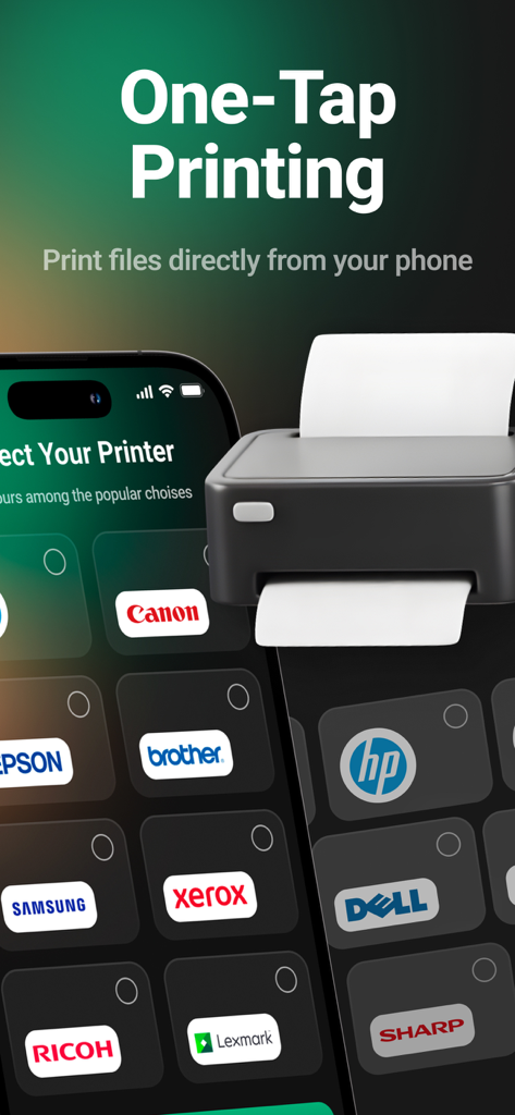 For Every Printer - PrintJet - PrintJet app interface showing one tap mobile printing and support for multiple printer brands like HP Canon and Brother