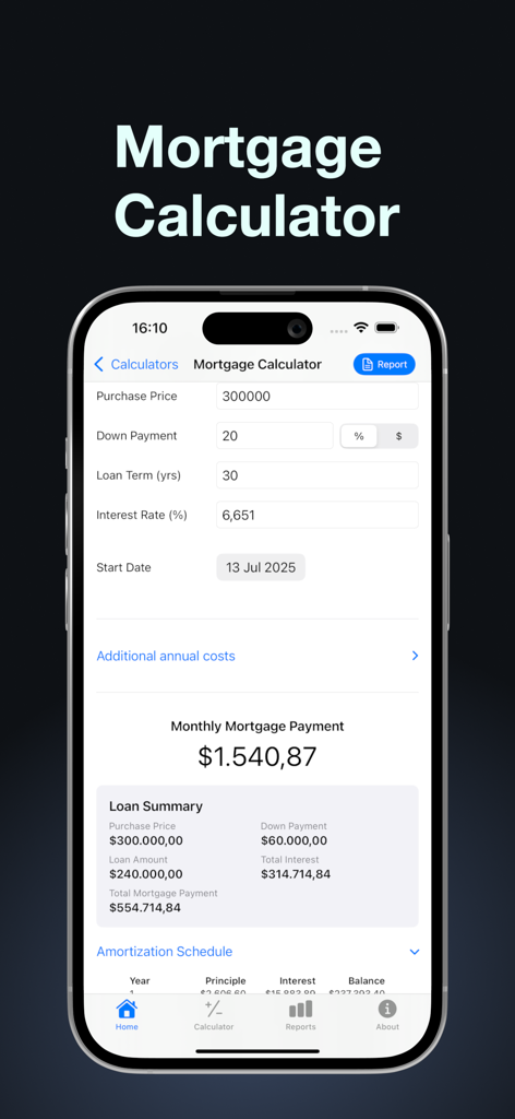 Interface of the Mortgage Calculator screen in the BA Financial Calculator Plus app showing monthly payments and loan summary