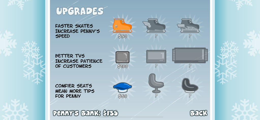 Penguin Diner: Restaurant Dash - Menú de mejoras en Penguin Diner que muestra opciones para comprar patines más rápidos, mejores televisores y asientos más cómodos.