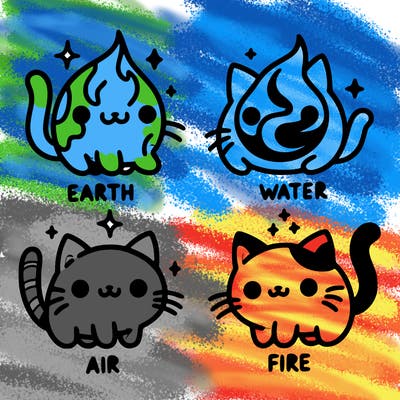 4 cats that represent the different elements, earth, water, air, and fire