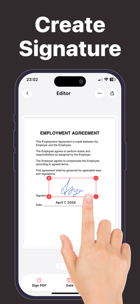 Signature Scanner: Sign PDF - Hand placing a digital signature on an employment agreement document using a mobile app