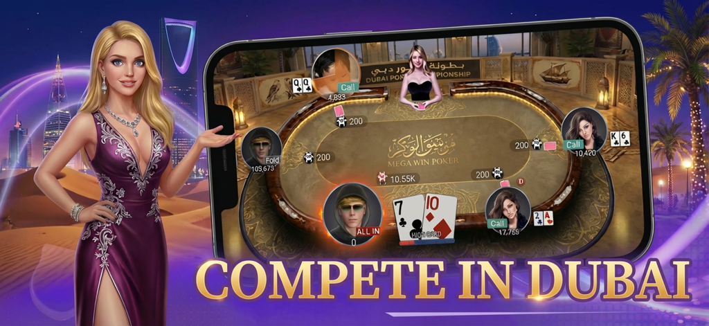 ドバイを舞台にしたテキサスホールデムテーブルを示すモバイルポーカーゲーム画面を提示する、紫のドレスを着た女性。