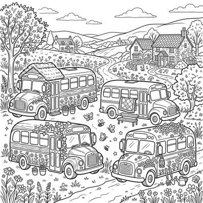Step into a world where school buses meet charming cottagecore aesthetics! This unique coloring page blends rustic beauty with beloved vehicles, inviting you to add vibrant hues to a peaceful countryside scene.