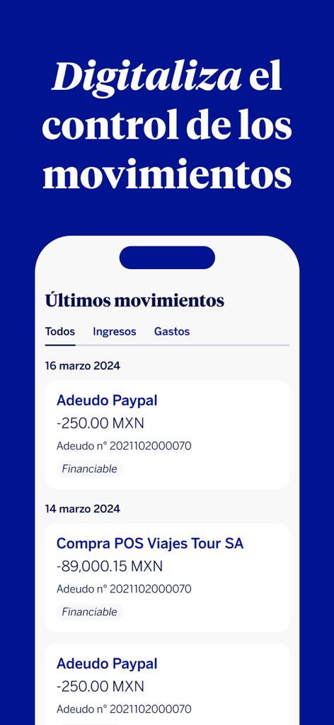 BBVA Empresas México - Interfaccia dell'app BBVA Empresas Mexico che mostra le transazioni aziendali recenti e i movimenti di spesa.