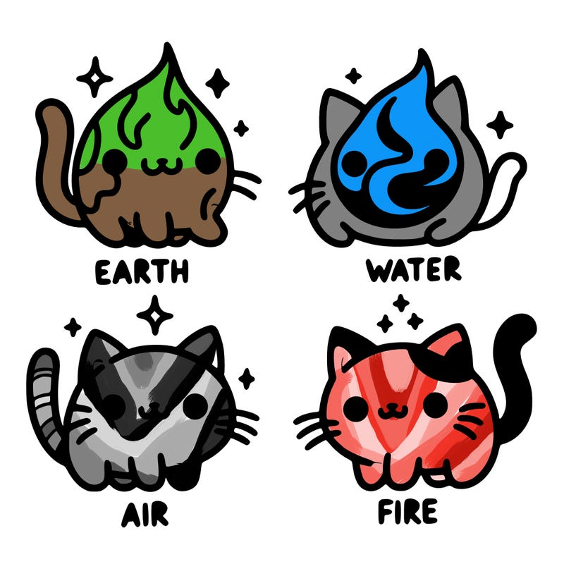 4 cats that represent the different elements, earth, water, air, and fire