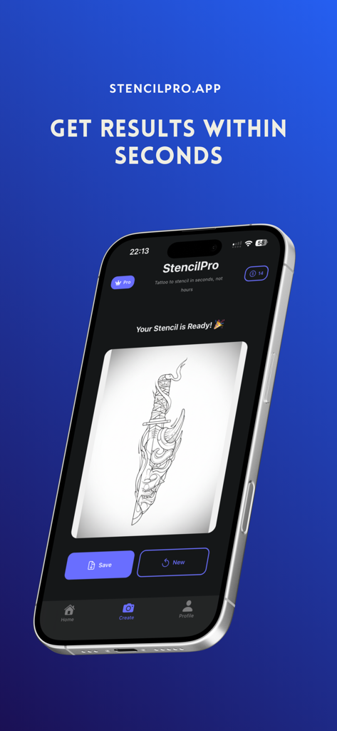 StencilProアプリで短剣の完成したタトゥーステンシルのデザインを示すiPhone画面