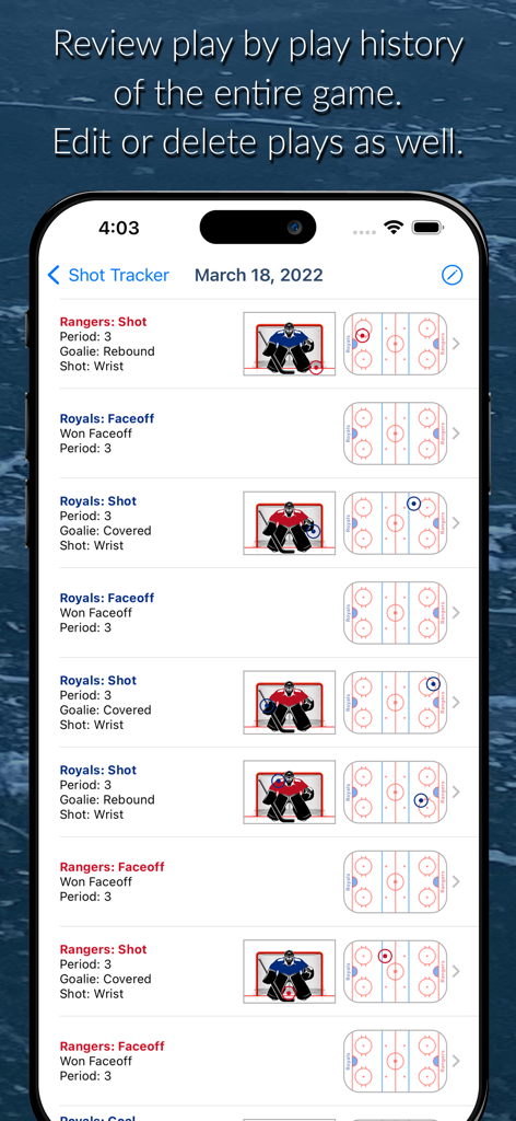 Shot Tracker app screen showing hockey game play by play history with shot maps