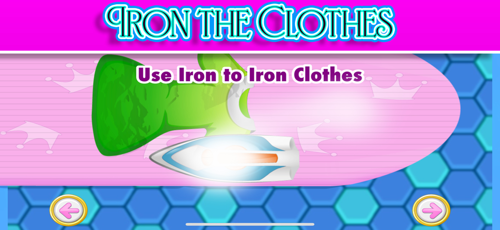 Una escena interactiva de lavandería en Princess Play House Doll Game donde los jugadores usan una plancha virtual en un vestido verde.
