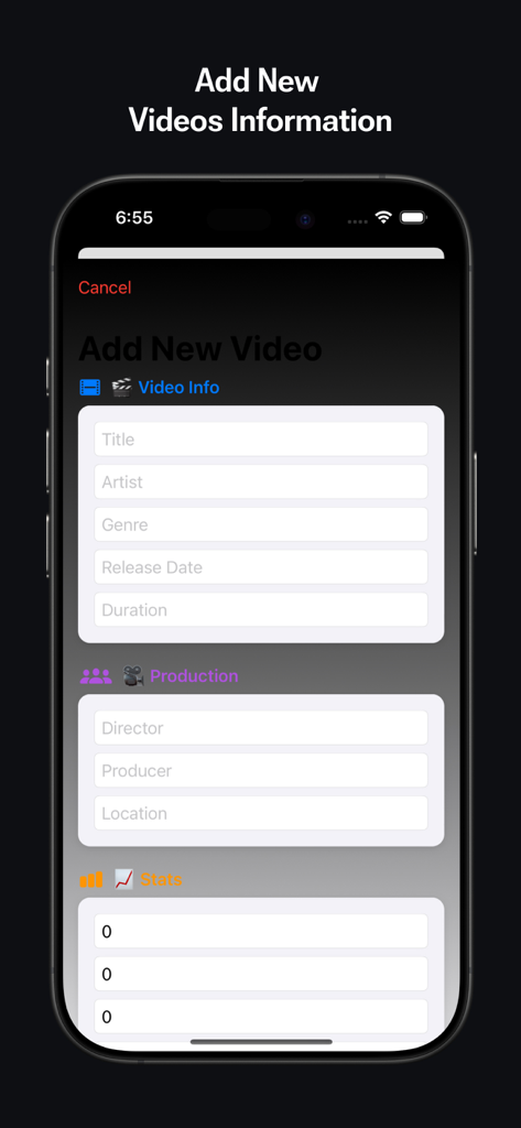 The Add New Video screen showing input fields for video details and production metadata in the Black Ball 2025 app.