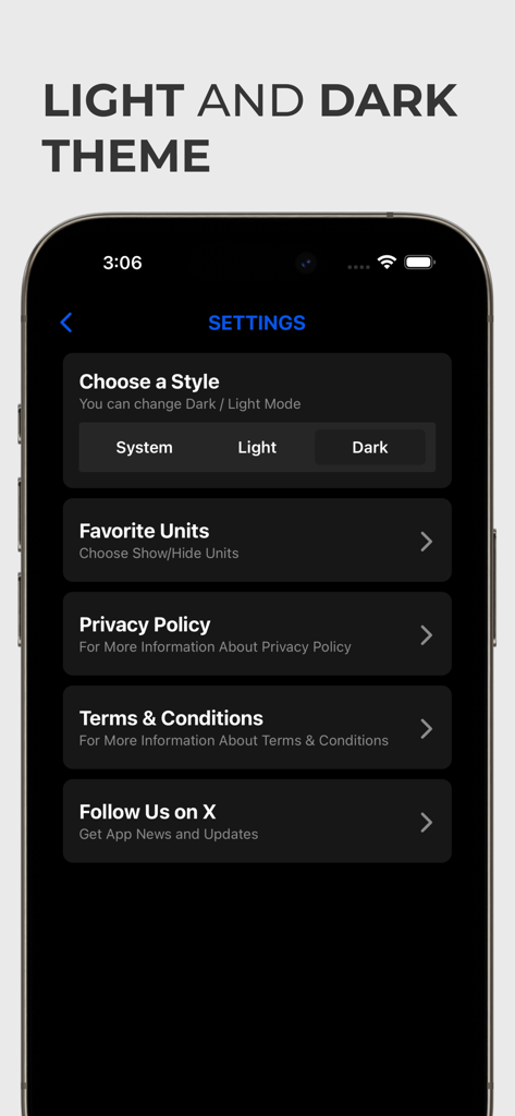 長さ換算アプリの設定画面。ライトモードとダークモード、お気に入り単位のオプションが表示されている。