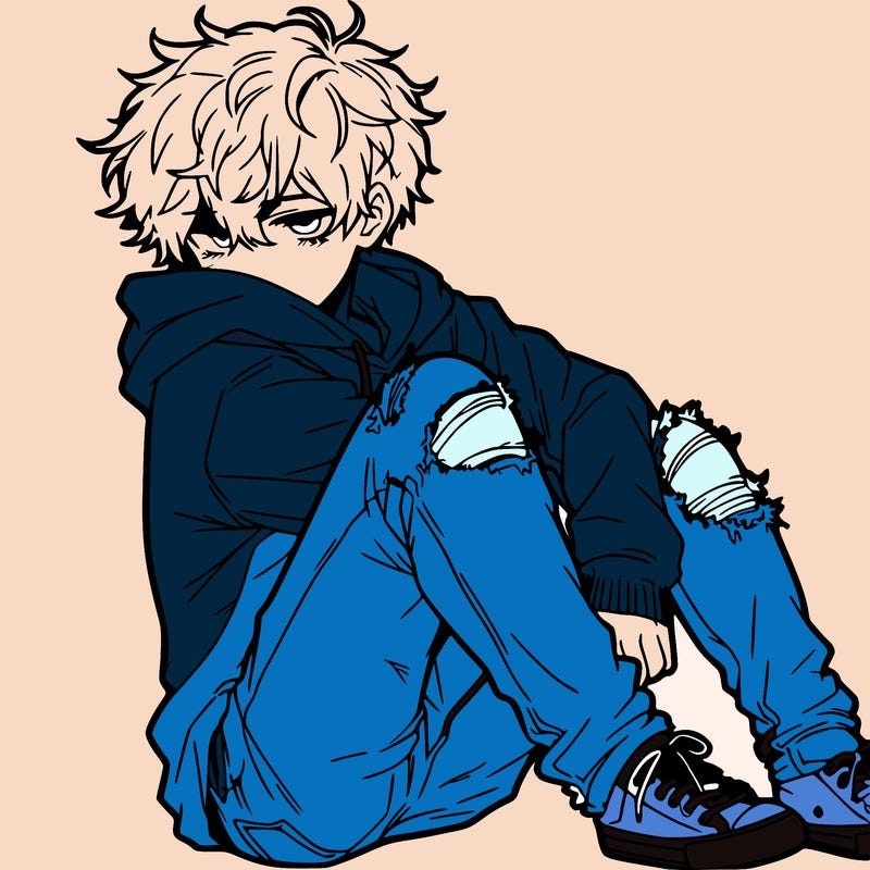 a male hoddie ripped jeans messy hair anime