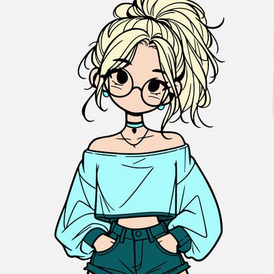 girl with a messy ponytail glasses a baggy crop top and jean shorts