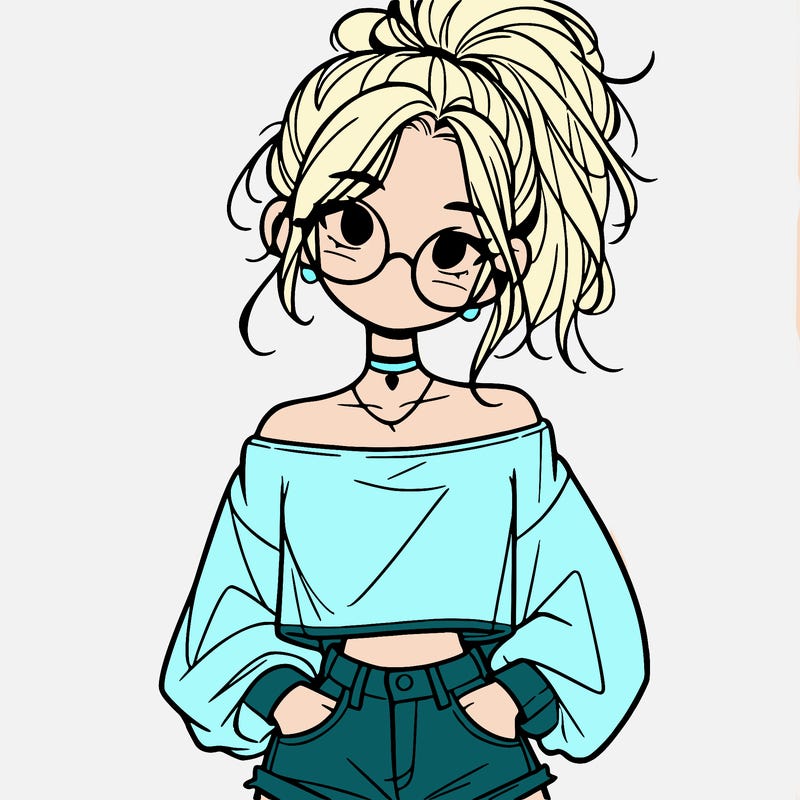 girl with a messy ponytail glasses a baggy crop top and jean shorts