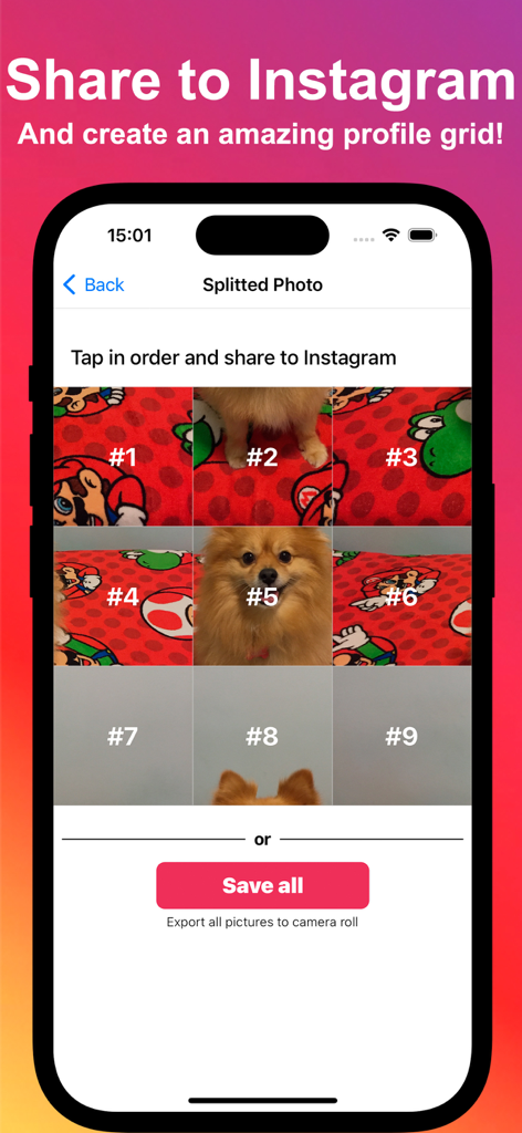 Photo Splitter: Picture Grids - Uma tela de telefone mostrando uma foto de cachorro dividida em uma grade numerada de 3 por 3 para compartilhamento no Instagram