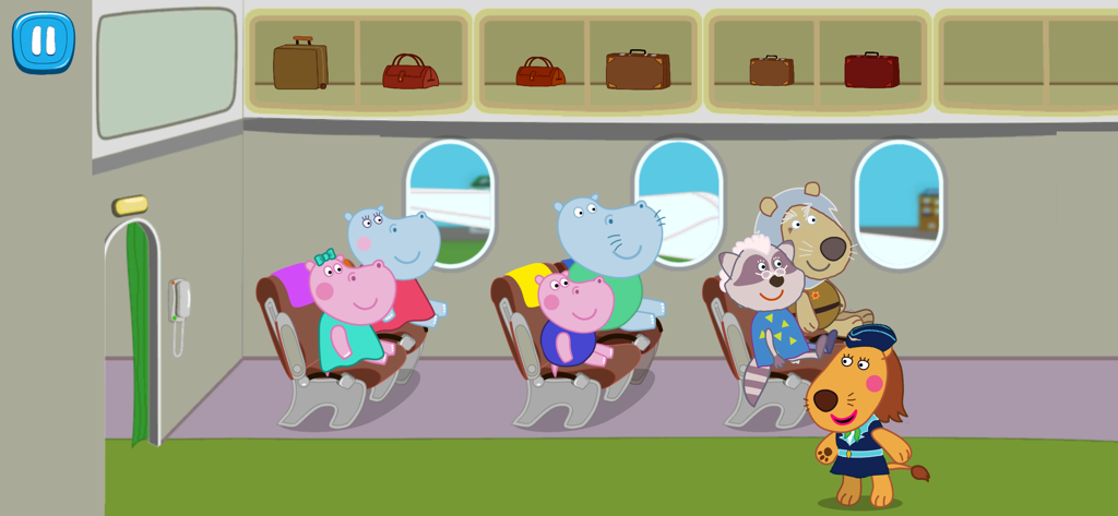 Animated hippo family and other animals sitting inside an airplane cabin with a lion flight attendant